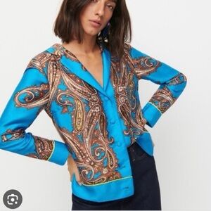 J. Crew Drapey Button-Up Blouse Blue Brown Paisley Print Old Money Maximalist XL